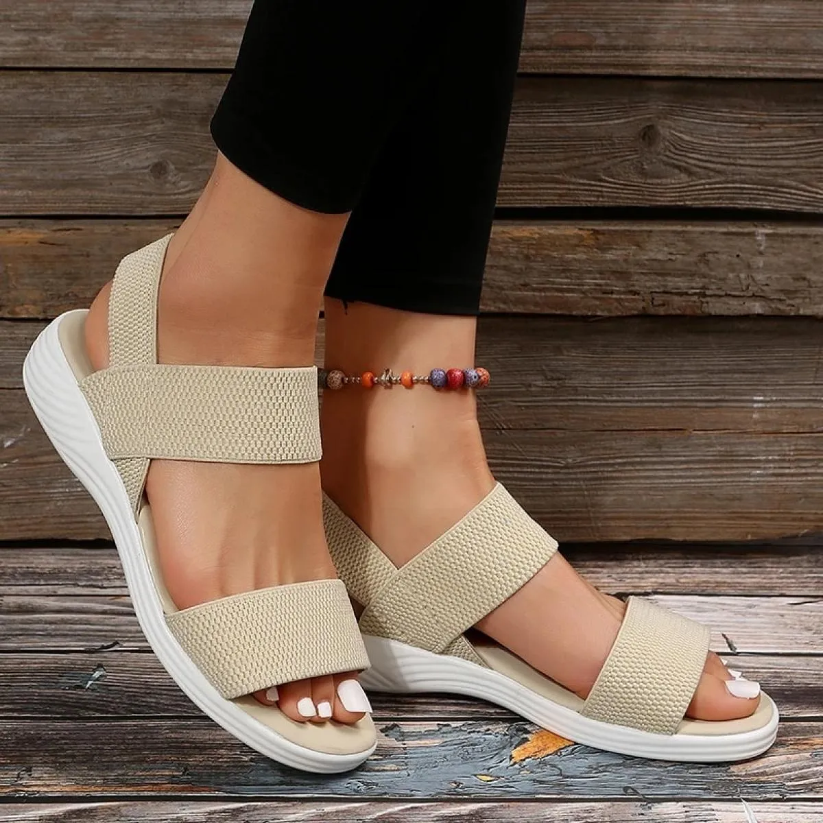 Sandali con zeppa in tessuto elastico lavorato a maglia da donna Sandali da passeggio leggeri da donna Scarpe estive comode tagl